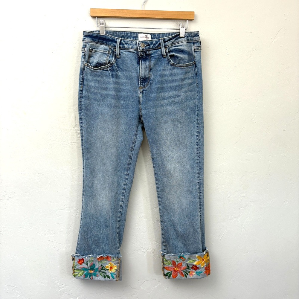 Driftwood Colette Cropped Jeans Women Size 31 Blue Floral Embroidered Hem Cuffs